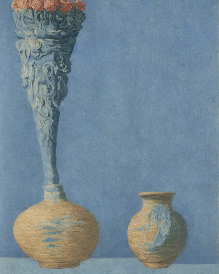 Image similar to achingly beautiful print of one painted ancient greek vase on baby blue background by rene magritte, monet, and turner. symmetrical.