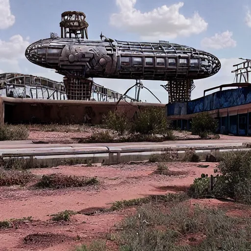 Image similar to post - apocalyptic epcot center, wasteland, barren, monorail, abandoned, walt disney world, highly detailed, intricate, 8 k