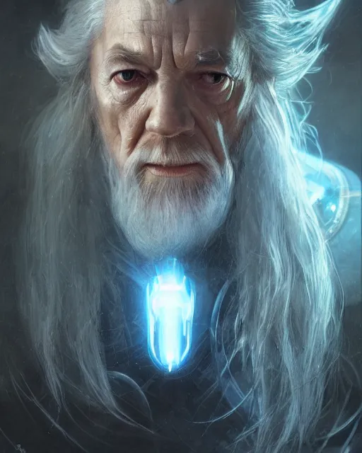 Image similar to gandalf with facial cybernetic enhancements, android, detailed face, scifi character portrait by greg rutkowski, esuthio, craig mullins, 1 / 4 headshot, cinematic lighting, dystopian scifi gear, gloomy, profile picture, mechanical, half robot, implants, steampunk