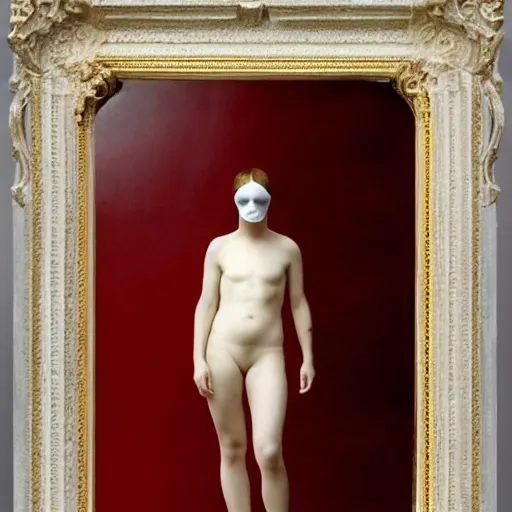 Image similar to an all white human, with no facial features, like a white mask pulled over their face, full body laying in a blood red pool of water between a golden mirror frame, outside is space and inside the mirror frame is a beautiful landscape, rule of thirds, framed used golden ration, physically accurate, dynamic lighting, intricate, elegant, highly detailed, very very Roberto Ferri, sharp focus, very very unsettling, very terrifying, illustration, art