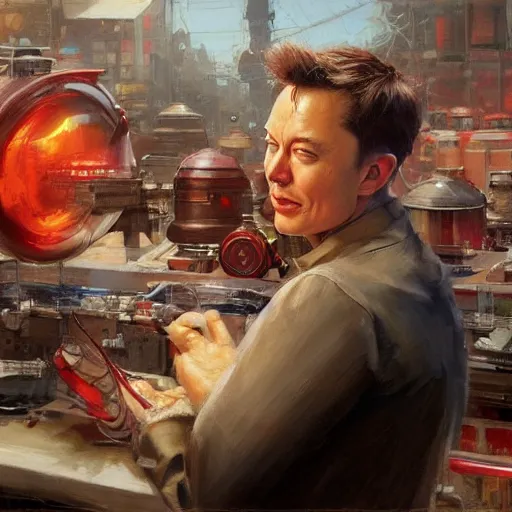 Image similar to Elon Musk selling momos, closeup character art by Donato Giancola, Craig Mullins, digital art, trending on artstation