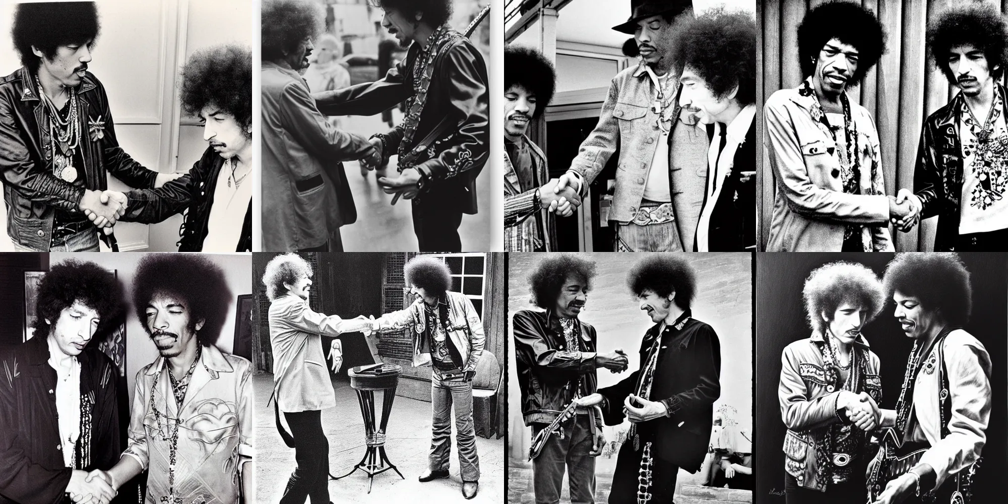 Prompt: Jimi Hendrix shaking hands with Bob Dylan by Laurie Lipton