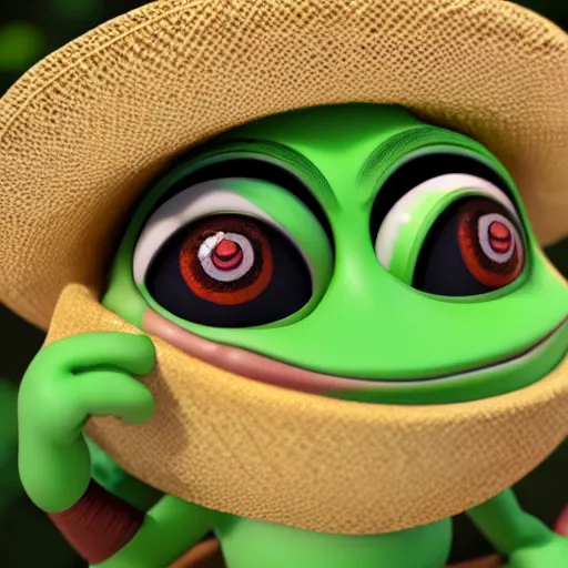 Prompt: baby pepe the frog wearing a tiny sombrero, holding maracas, larg eyes, sitting on a log, pixar, disney, dynamic lighting, bokeh