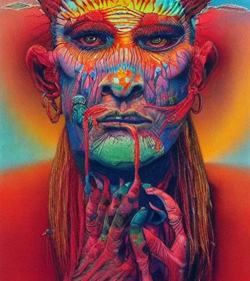 Image similar to Portrait painting in a style of Beksinski mixed with Alex Grey of an old shaman dressed in a colorful traditional clothes. psychodelic