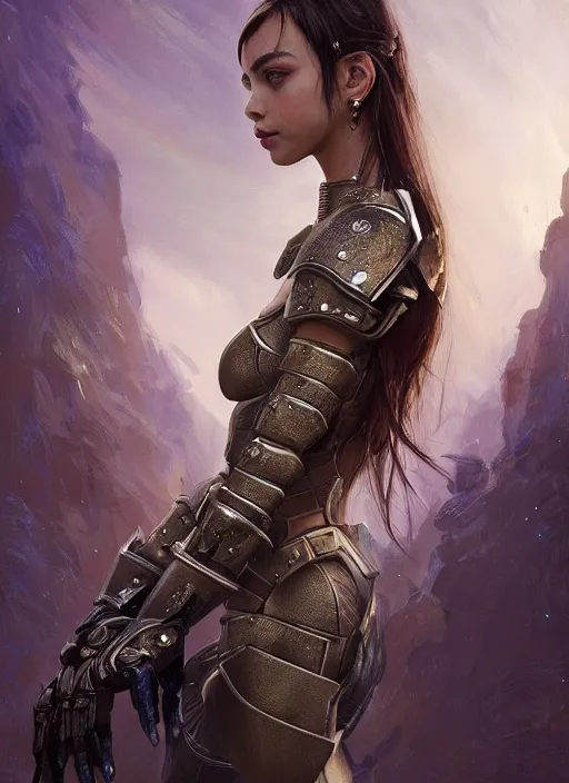 Image similar to a professional portrait of a beautiful young female, clothed in electric battle armor, olive skin, long dark hair, beautiful bone structure, symmetrical facial features, intricate, elegant, digital painting, concept art, smooth, sharp focus, finely detailed, illustration, from Valerian and the City of a Thousand Planets, by Ruan Jia and Mandy Jurgens and Artgerm and William-Adolphe Bouguerea