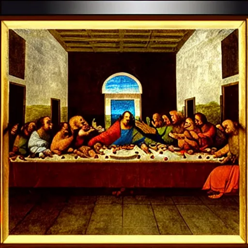 Prompt: foxes in the last supper painting by leonardo da vinci. dramatic lighting, award winning, fox, foxes