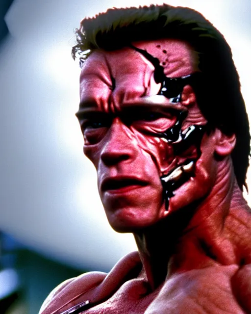 Image similar to arnold schwarzenegger as a damaged terminator, red eye, photo