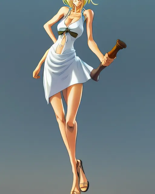 Image similar to a southern woman as nami from one piece, simple cream dress, detailed perfect face, mid view, by artgerm, by studio muti, greg rutkowski makoto shinkai takashi takeuchi studio ghibli