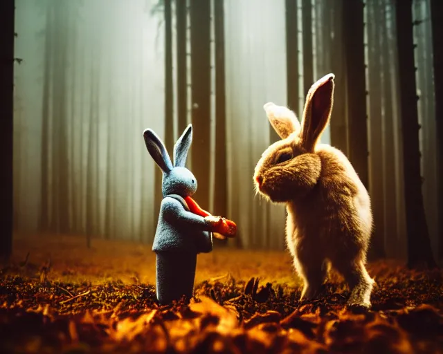 Image similar to a lomography photo of rumble between two humanoid with rabbit head in foggy forest this morning, bokeh,