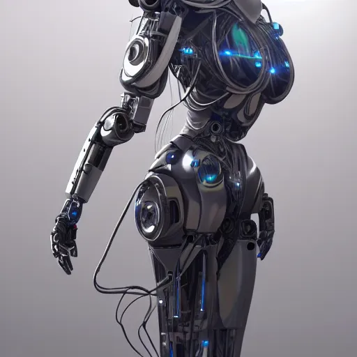 Image similar to a beautiful woman wearing robot suit with wires and light, highly detailed, photorealistic, artstation, smooth