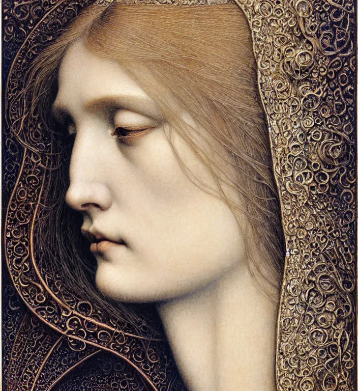 Image similar to detailed realistic beautiful young medieval queen face portrait by jean delville, gustave dore and marco mazzoni, art nouveau, symbolist, visionary, gothic, pre - raphaelite. horizontal symmetry