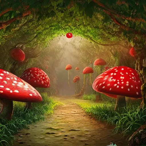 Prompt: a magical forest of giant red and white spotted mushroom, exotic foliage, Mario walking along path, mushroom kingdom theme, piranha plants hanging from vines, artstation, matte painting, colorful, beautiful, cinematic lighting