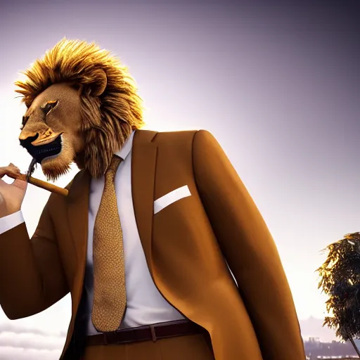 Image similar to a lion smoking a cigar wearing a suit, subject= lion, subject detail: wearing a suit, subject action: smoking a cigar, dramatic lighting, cinematic lighting, establishing shot, photorealistic, high details, cinematic, 8k resolution, extremly detailed, photorealistic, artstation, unreal engine