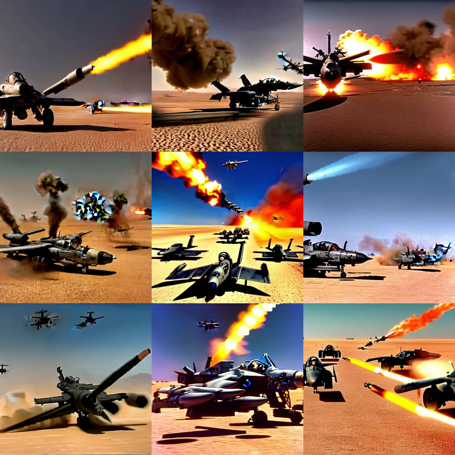 Prompt: a gritty hyperdetailed photorealistic a - 1 0 warthog ground attack aircraft shooting a gatling gun at a small group of vehicles in the desert, cinematic framing, cinematatic lighting, cinematic shadows, in the style of top gun maverick