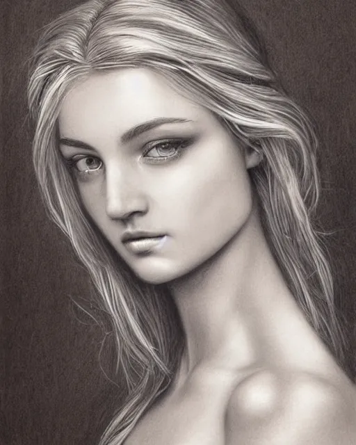 Prompt: pencil drawing of a beautiful greek goddess aphrodite with arrowhead jewelry, beautiful piercing eyes, beautiful blonde hair, hyper realistic face, in the style of greg rutkowski, fantasy, amazing detail, epic, elegant, smooth, sharp focus, from the front