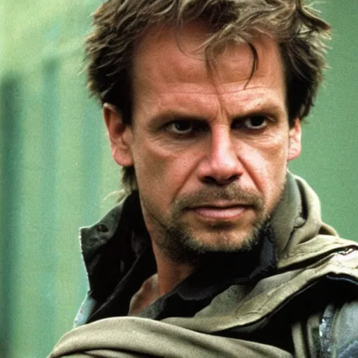 Prompt: michael biehn as solid snake, green bandana, 1 9 8 7, 3 5 mm