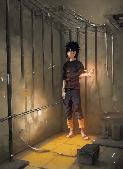 Image similar to highly detailed prison cell with naruto uzumaki with black hair, training behind metal bars, powerfully punching a wall, art by greg rutkowski, loish, rhads, ferdinand knab, makoto shinkai and lois van baarle, ilya kuvshinov, rossdraws, tom bagshaw, global illumination, radiant light, detailed and intricate environment