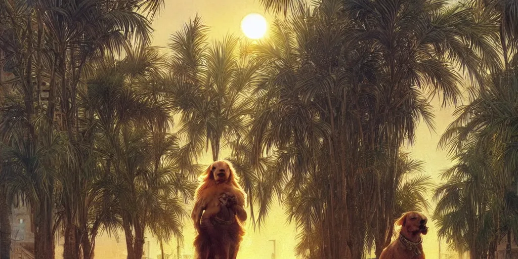 Image similar to golden retriever dog walking in tel aviv street looking at the camera. palm trees. realistic. sunset. high quality. digital art. watercolor. highly detailed. drawing. art. colorful. fluffy art by greg rutkowski and alphonse mucha