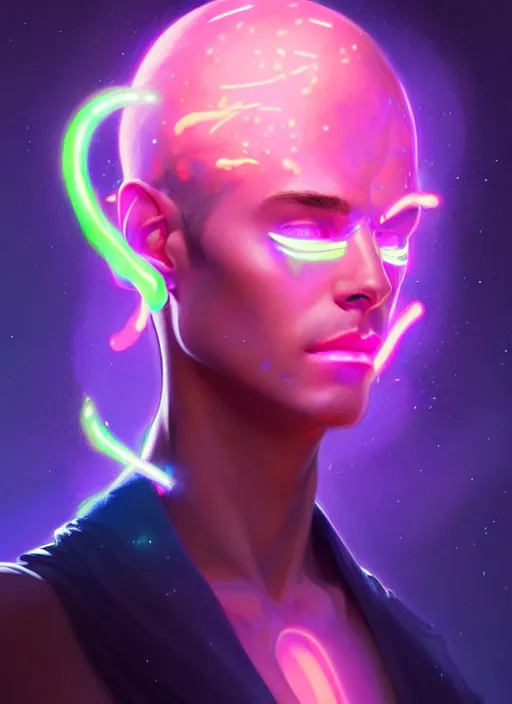 Image similar to a male faceless glowing liquefied stardust adventurer, dnd fantasy character, full body portrait, glowing neon skin, magical aura, ultra realistic, intricate, elegant, highly detailed, digital painting, artstation, smooth, sharp, focus, illustration, art by artgerm and greg rutkowski and alphonse mucha