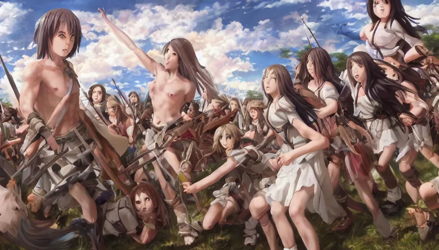 Image similar to jesus christ our lord leading an army of anime girls into battle, photorealistic, anime, mini skirt, long hair, renaissance painting, hyper real, detailed, wide angle shot, ultra detailed