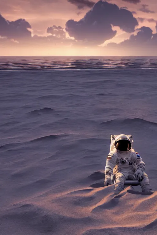 Prompt: a astronaut sitting on the beach looking to the sea at sunrise, concept art, octane render, unreal engine 5, trending on Artstation, high quality, highly detailed, 8K, soft lighting, godrays, path tracing, serene landscape, turbulent sea, high coherence, anatomically correct, hyperrealistic, sand, beautiful landscape, cinematic, clouds in the sky