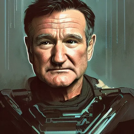 Prompt: robin williams dressed as a bladerunner, sci fi, intricate, elegant, highly detailed, digital painting, artstation, concept art, matte, sharp focus, illustration, art by greg rutkowski and alphonse mucha