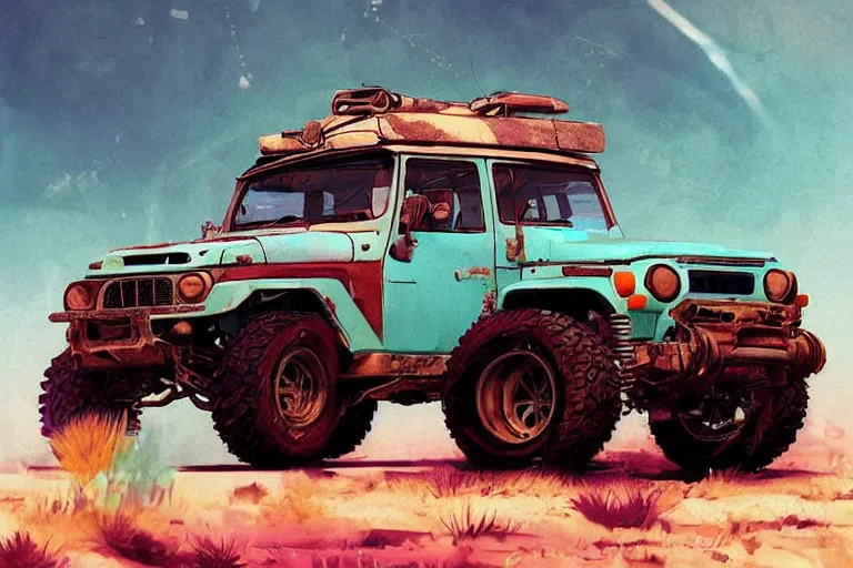 Image similar to digital illustration of a futuristic faded cyan mad max's fj 4 0 decrepit!!!! pursuit special, rusty!!! cyberpunk nissan fj cruiser heavily modded 1 9 9 0 s, the last v 8 interceptor by makoto shinkai, ilya kuvshinov, lois van baarle, rossdraws, basquiat