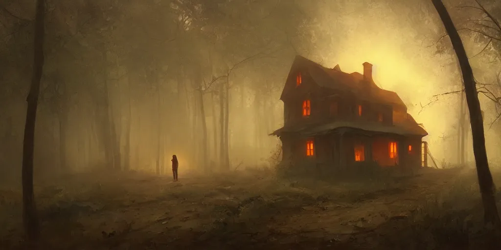 Prompt: an old house with red light on from the windows during the night in a forest, a men stand up in front of the house, mystical fog, oil on canvas, details, a desert road next to the house, illustration, art by andreas achenbach and alena aenami