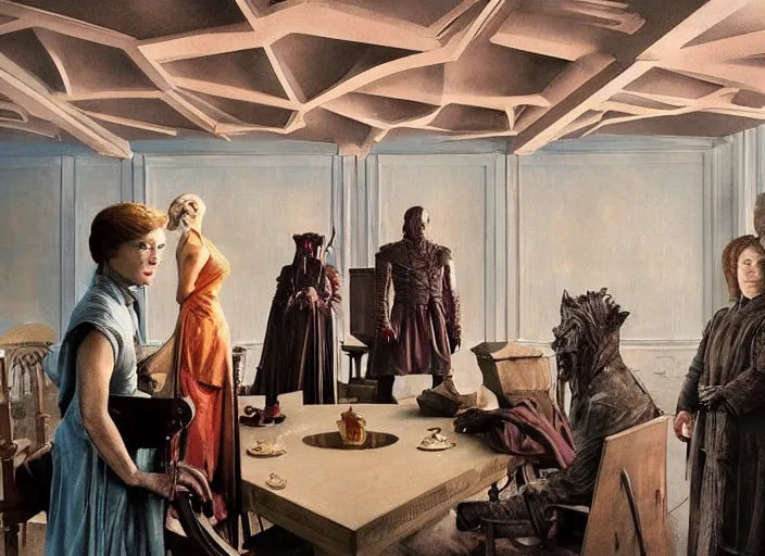 Prompt: a still from the tv series game of thrones by francis bacon, surreal, norman rockwell and james jean, greg hildebrandt, and mark brooks, triadic color scheme, by greg rutkowski, in the style of francis bacon and syd mead and edward hopper and norman rockwell and beksinski, dark surrealism, open ceiling