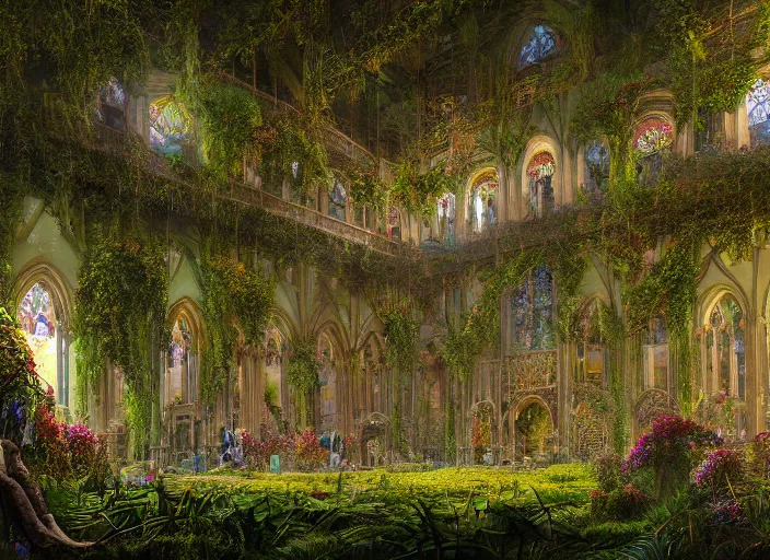 Prompt: An ultra-detailed illustration of a cathedral interior, high ceiling, overgrown with moss, colorful flowers and lush plants, vines hanging down from the tall ceiling, digital art, trending on Artstation, matte painting, detailed