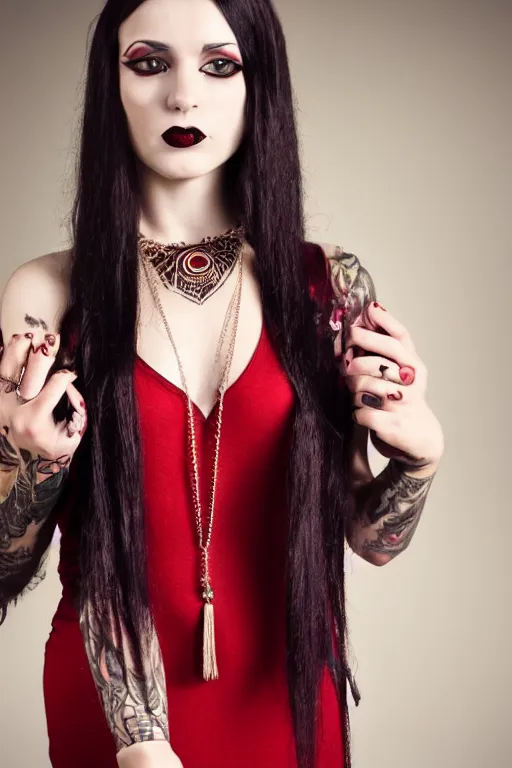 Image similar to Medium close-up portrait photo of a beautiful Goth girl wearing a dark red dress, long dark hair, dark colors, tattoos, a large Ankh necklace, soft lighting, rich cinematic atmosphere, poster, 8k