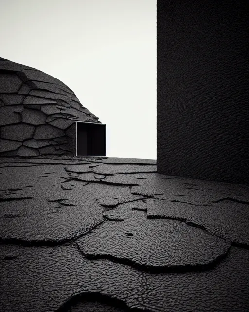 Image similar to tall black geometric house, embedded in lava cliff, full view, black house, molten metal house, minimal, rippled white landscape, dwarven architecture, light from molten iron, octane render, hyper realistic, 8 k, octane render