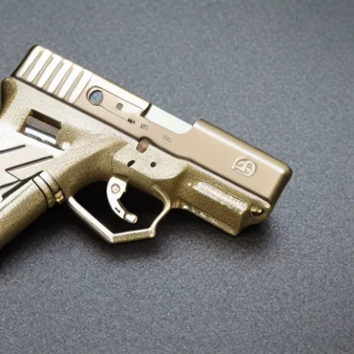 Image similar to an sls 3 d printed golden and silver glock 1 9. 8 0 mm lens, f 1. 8.