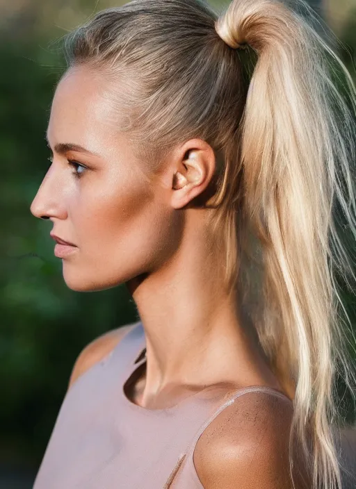 Prompt: photograph of an olive skinned blonde female model in her late twenties, her hair pinned up, wearing a designer top, looking content, focused on her neck, facing the camera, photo realistic, extreme detail skin, natural beauty, no filter, slr, golden hour, 4 k, high definition, selfie