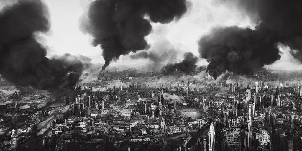 Prompt: dieselpunk city skylines completely engulfed in flames, huge fires everywhere, clouds of smoke, explosions, aerial view, wide shot, 120 black and white film