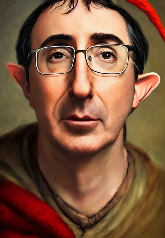 Prompt: a face portrait of john oliver as an elf from lord of the rings, warm colors, soft lighting, atmospheric, cinematic, moody, in the style of diego koi, gina heyer, luiz escanuela, art by alyssa monk, hyperrealism, rule of thirds, oil on canvas, 8 k