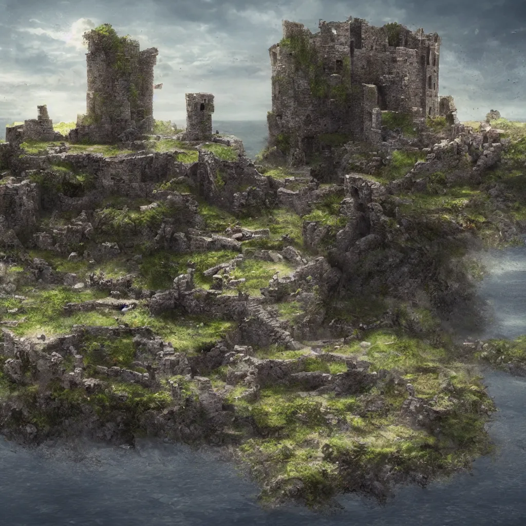 Prompt: looking up at a ruined castle on a small island only reachable by a small land bridge, 8 k, ultra realistic cinematic, intricate, cinematic light, concept art, illustration, art station