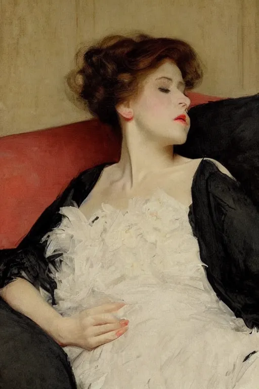 Prompt: european woman in a gown laying on couch, close up, bloom flowers, modern, eclectic, illustration, by ramon casas