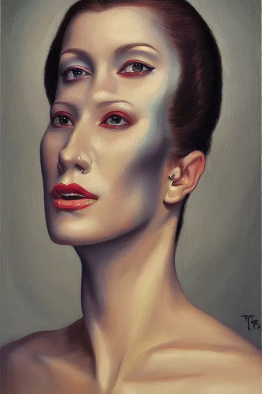 Prompt: a painting of a woman's face and neck, an oil painting by Vladimir Tretchikoff, cgsociety, neo-figurative, oil on canvas, dystopian art, darksynth