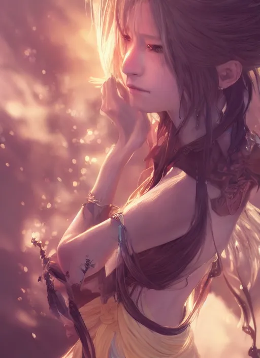 Image similar to a Photorealistic dramatic hyperrealistic render of a beautiful Final Fantasy 10 character Yuna by WLOP,Artgerm,Greg Rutkowski,Alphonse Mucha, Beautiful dynamic dramatic dark moody lighting,shadows,cinematic atmosphere,Artstation,concept design art,Octane render,8K