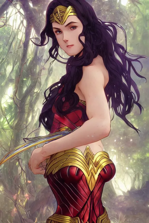 Prompt: anime key visual of a beautiful young female wonder woman intricate, magical forest, stunning, highly detailed, digital painting, artstation, smooth, hard focus, illustration, art by artgerm and greg rutkowski and alphonse mucha
