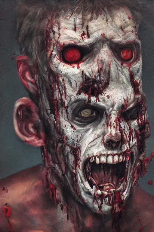 Prompt: portrait of a man half zombie half normal, oil on canvas, horror, cinematic