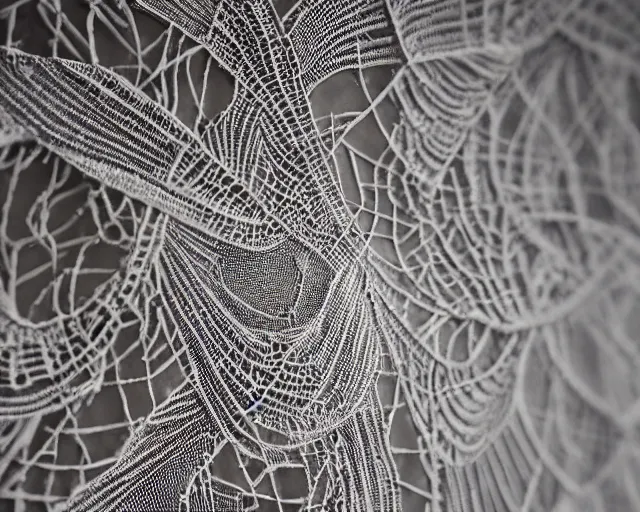 Image similar to extreme close up of a retina, made of intricate decorative lace leaf skeleton, in the style of the dutch masters and gregory crewdson, dark and moody