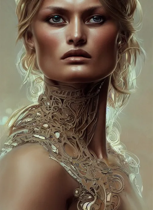 Image similar to symmetry!! edita vilkeviciute, machine parts embedded into face, intricate, elegant, highly detailed, digital painting, artstation, concept art, smooth, sharp focus, illustration, art by artgerm and greg rutkowski and alphonse mucha, 8 k