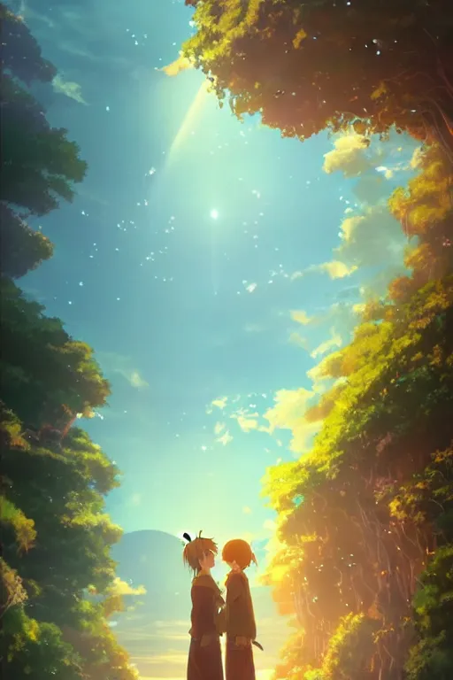 Image similar to fantasy romance movie poster by makoto shinkai, visually stunning, beautiful lighting