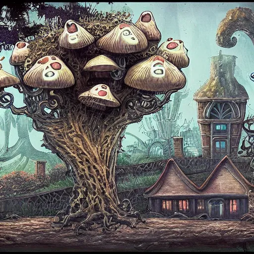 Image similar to A portrait of a scary godlike anthropomorphic frog smoking a cigarette , mansion made of mushrooms in background . award winning. superb resolution. in the art style of junji Ito and greg rutkowski . Detailed Mushroom city in background. Hyper realistic anime. Perfect art. Dalle2