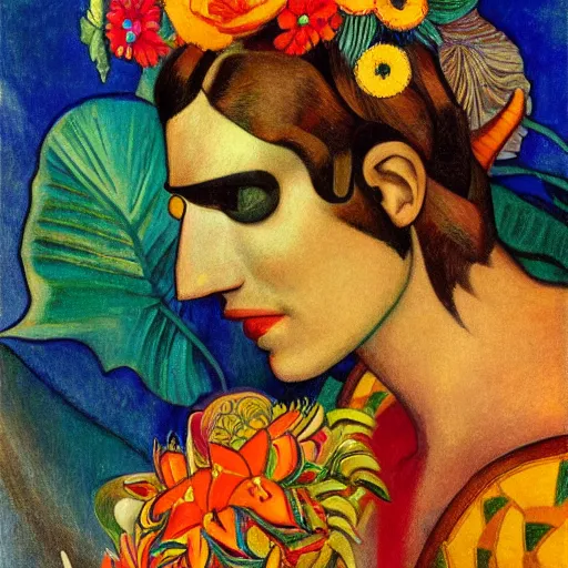 Prompt: head of a beautiful boy wearing a carnival mask made of stylized flowers, by diego rivera and john watkiss and annie swynnerton, art deco shaman, art brut, symbolist, dramatic cinematic lighting, god rays, iridescent beetles, clean crisp graphics, smooth sharp focus, extremely detailed