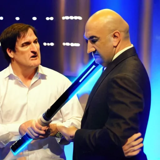 Prompt: Jedi Kevin O'Leary cutting Mark Cuban flesh with a lightsaber, in Shark Tank (2016)