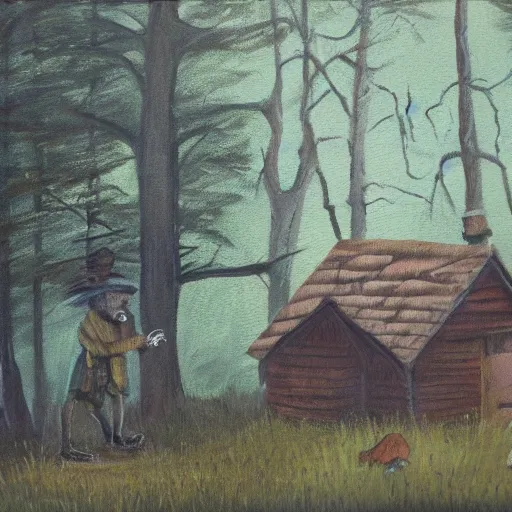 Image similar to painting of an angry old man in front of a cabin in the forest