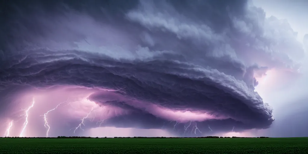 Image similar to a supercell storm dark and brooding far away in the distance, open farming fields the foreground during sunset, storm of all storms, end of the world, nature, cinematic, hyperrealistic, evil, dark, cgsociety, 8 k, by stephen king